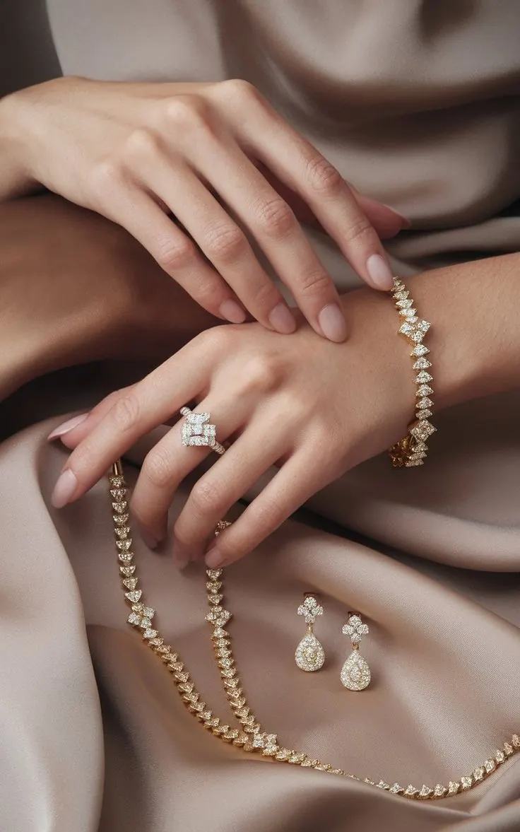 Fine gold and diamond jewellery on a warm neutral background